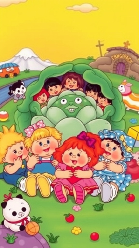 A colorful depiction of Cabbage Patch Kids characters from the 1980s cartoon, enjoying playful adventures in a whimsical setting.